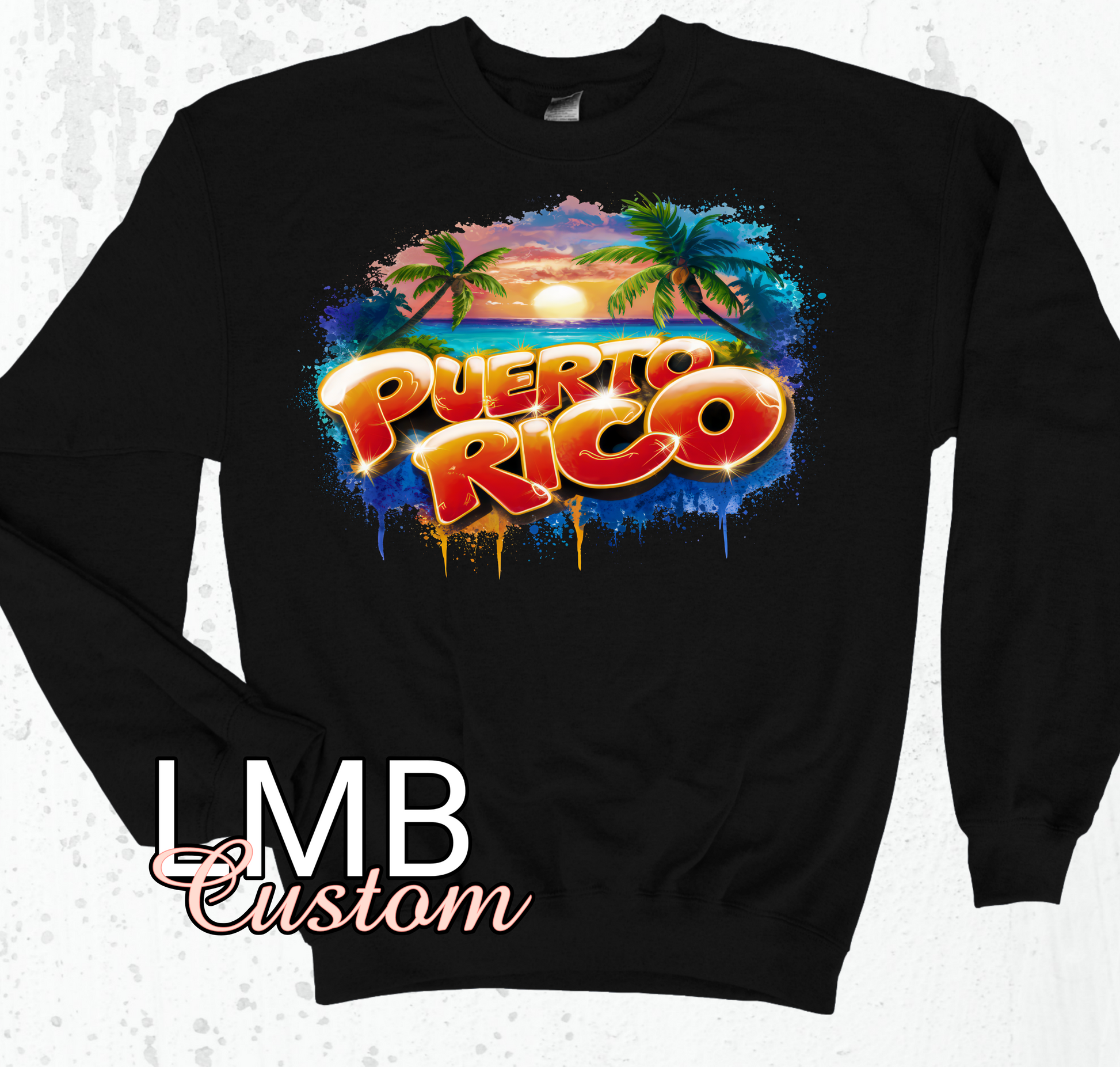Black Puerto Rico adult sweatshirt with colorful sunset and palm tree design, soft unisex Gildan fabric