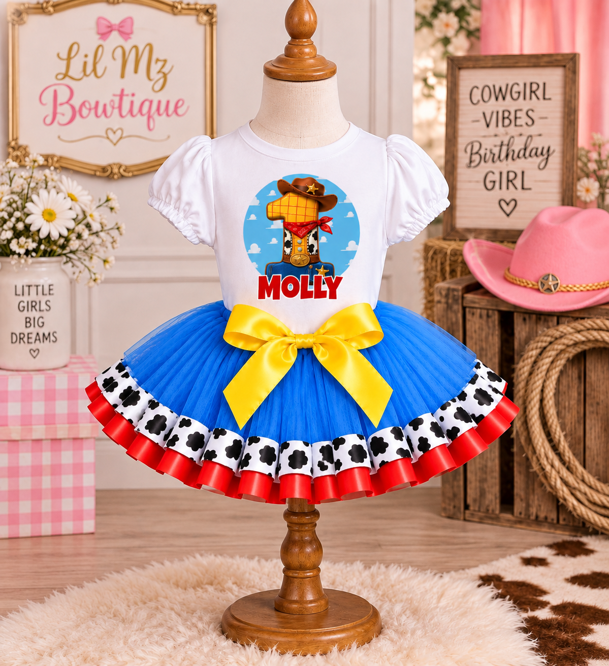 Personalized Cowgirl 1st Birthday Tutu Outfit – Blue Cow Print Birthday Set for Girls