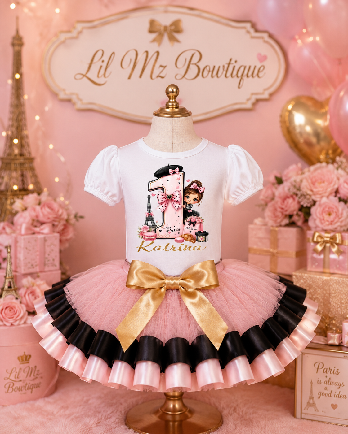 Paris Theme First Birthday Tutu Outfit | Pink Black Gold