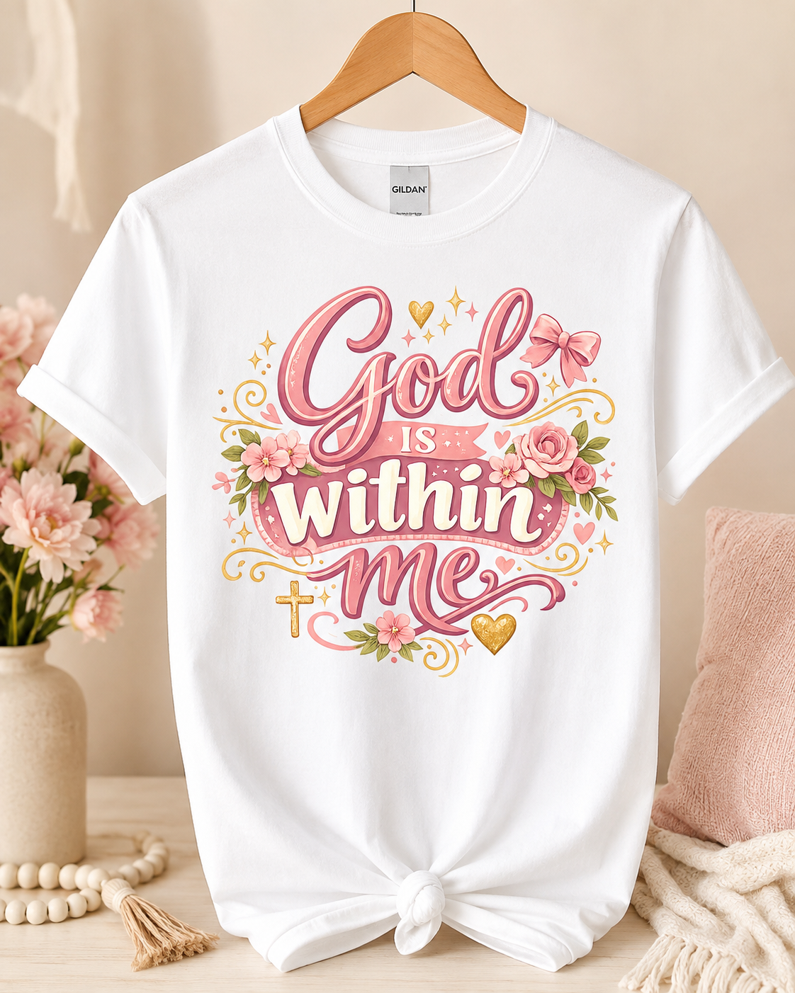 God Is Within Me Christian Women’s White T-Shirt, Pink Floral Faith Tee Design, Inspirational Religious Graphic Shirt, Christian Gift for Her