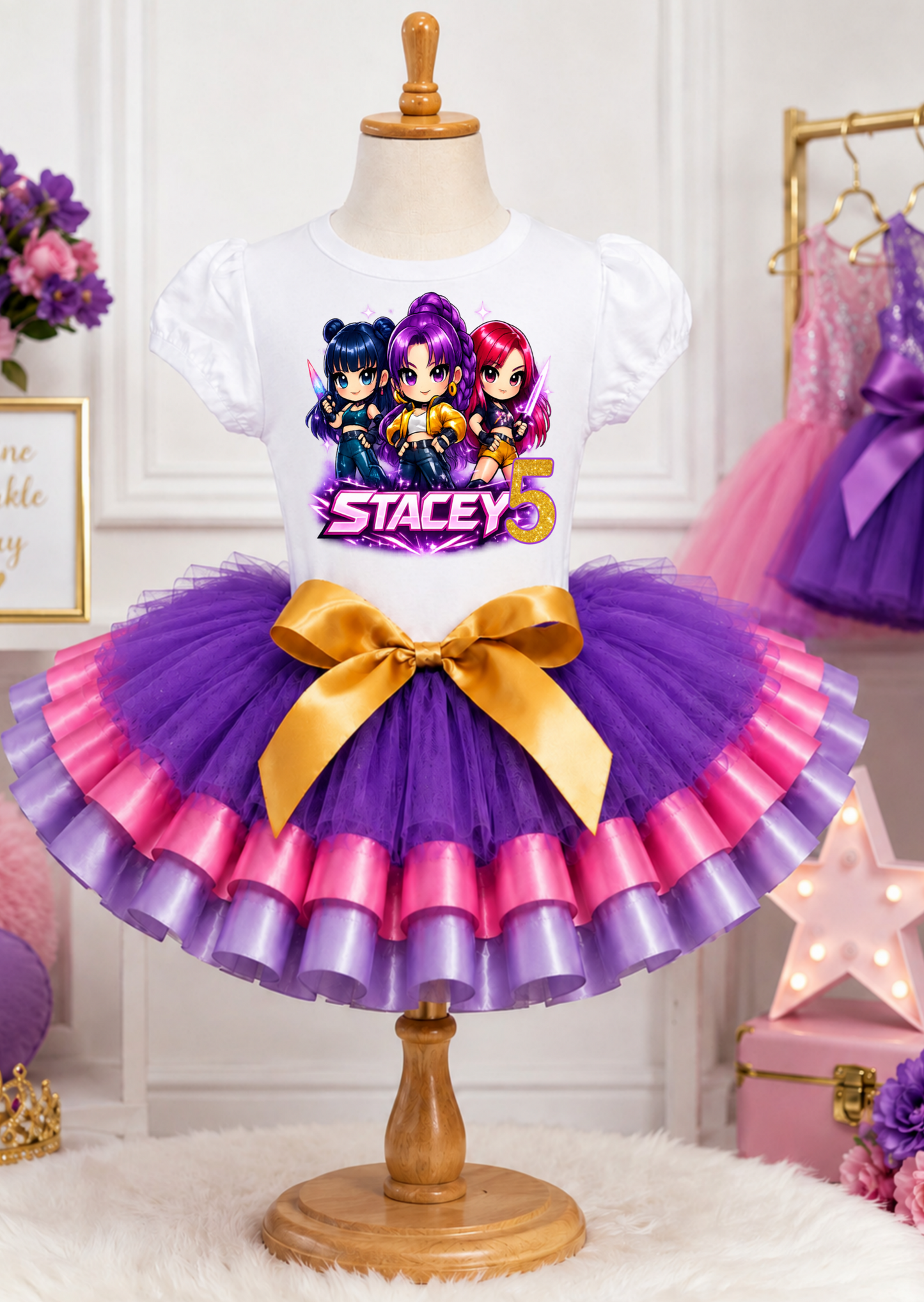 Custom K-Pop Warrior 5th Birthday Tutu Outfit – Personalized Girls Purple, Pink & Gold Birthday Shirt and Tutu Set