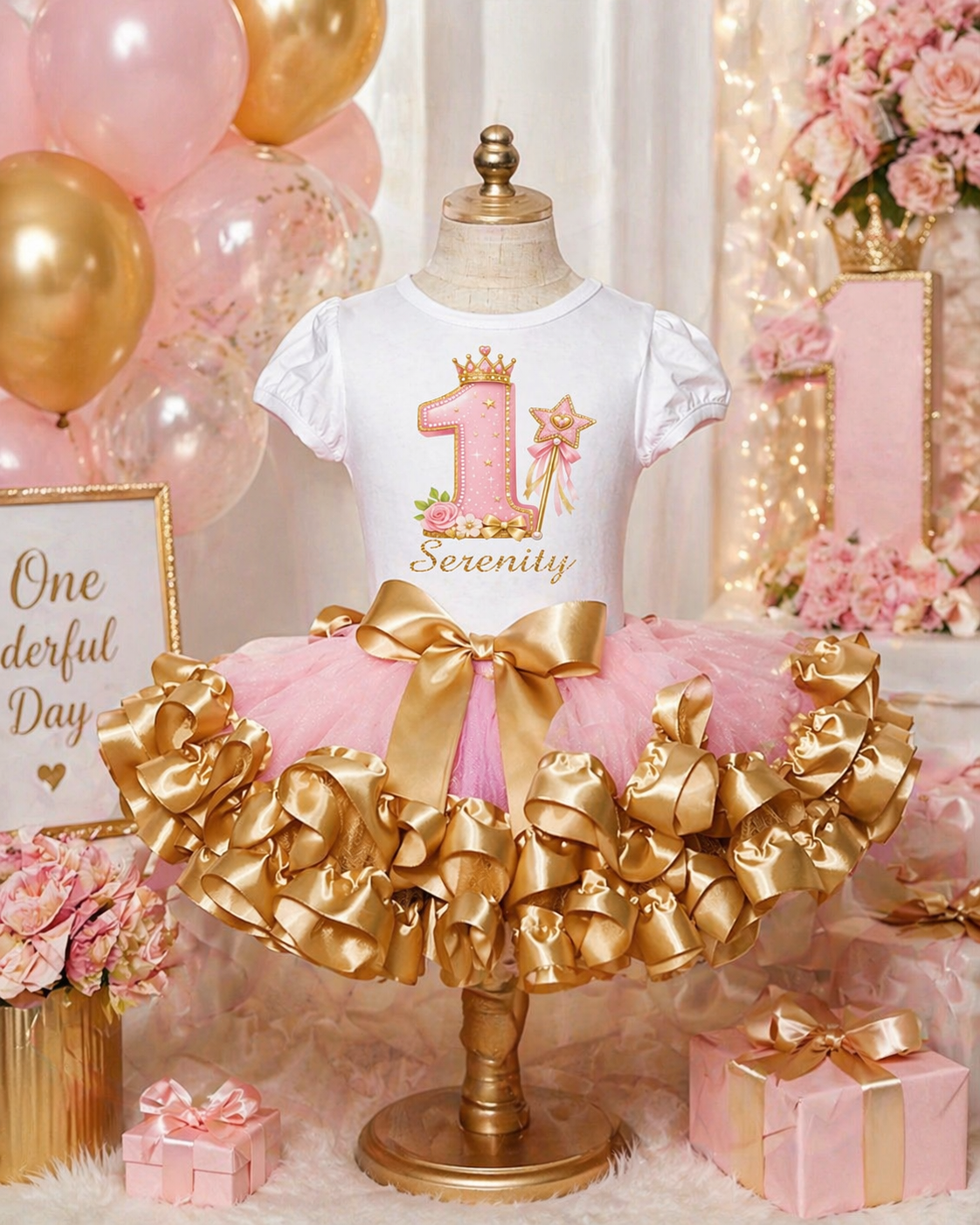 Pink and Gold Princess 1st Birthday Tutu Outfit with Personalized Shirt for Baby Girl