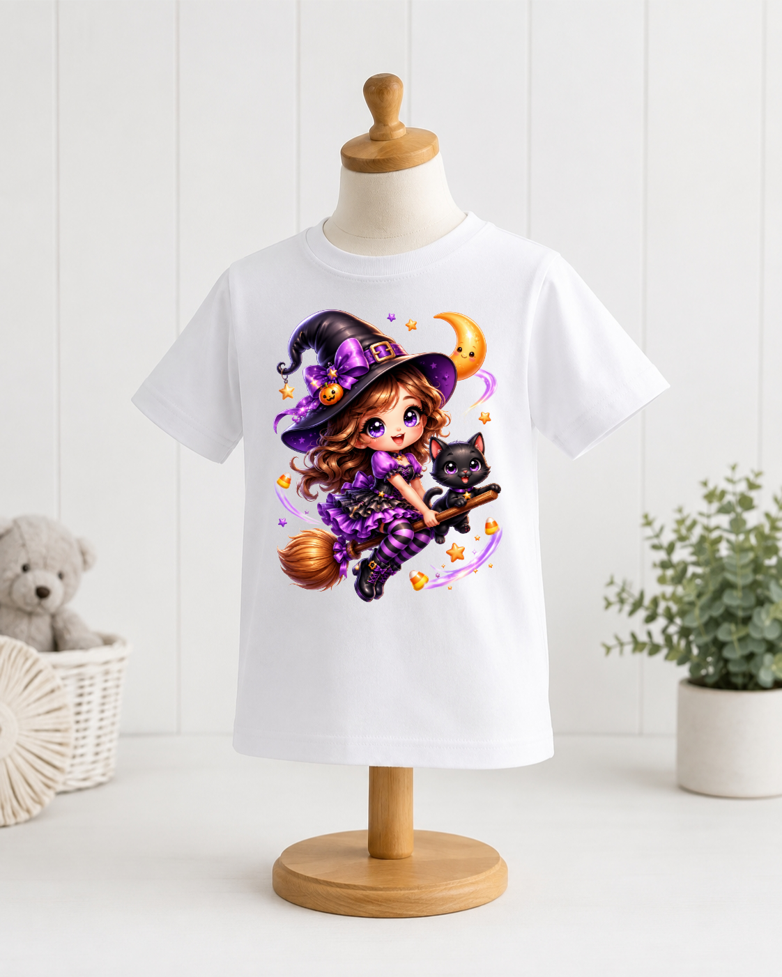 Cute Witch Halloween Shirt for Girls – Purple Witch & Black Cat Kids T-Shirt