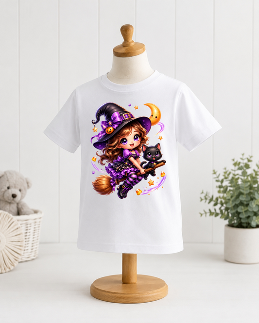 Cute Witch Halloween Shirt for Girls – Purple Witch & Black Cat Kids T-Shirt