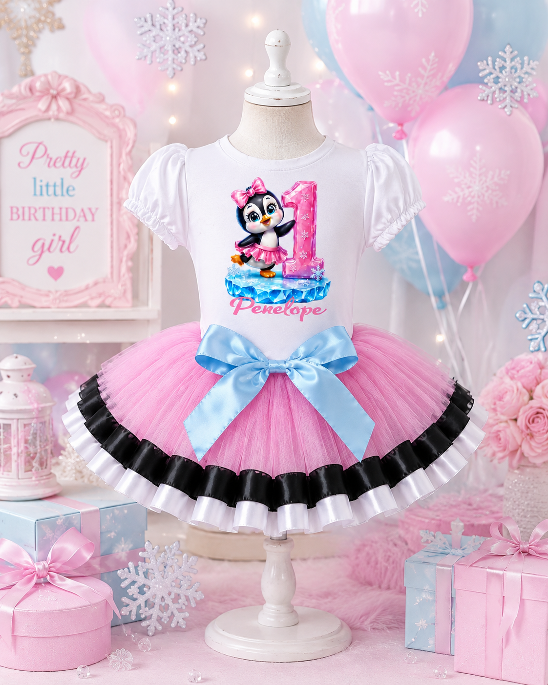 Penguin 1st Birthday Tutu Outfit for Girls – Personalized Pink & Blue Birthday Set