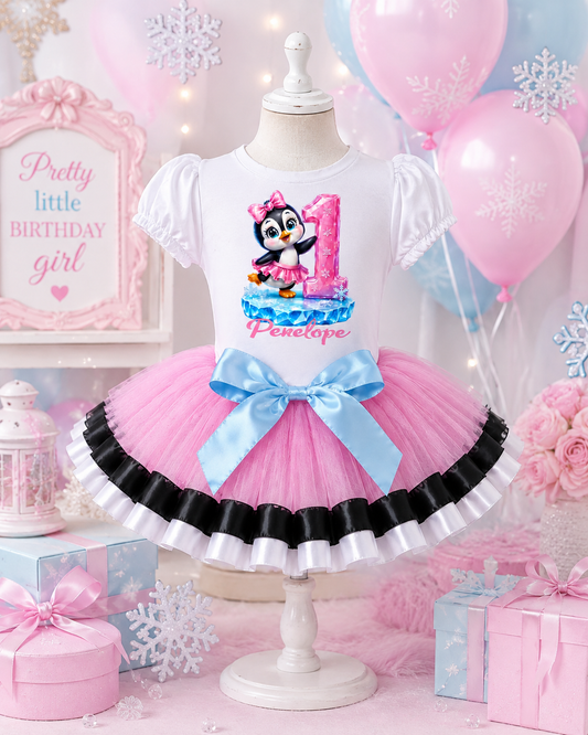 Penguin 1st Birthday Tutu Outfit for Girls – Personalized Pink & Blue Birthday Set