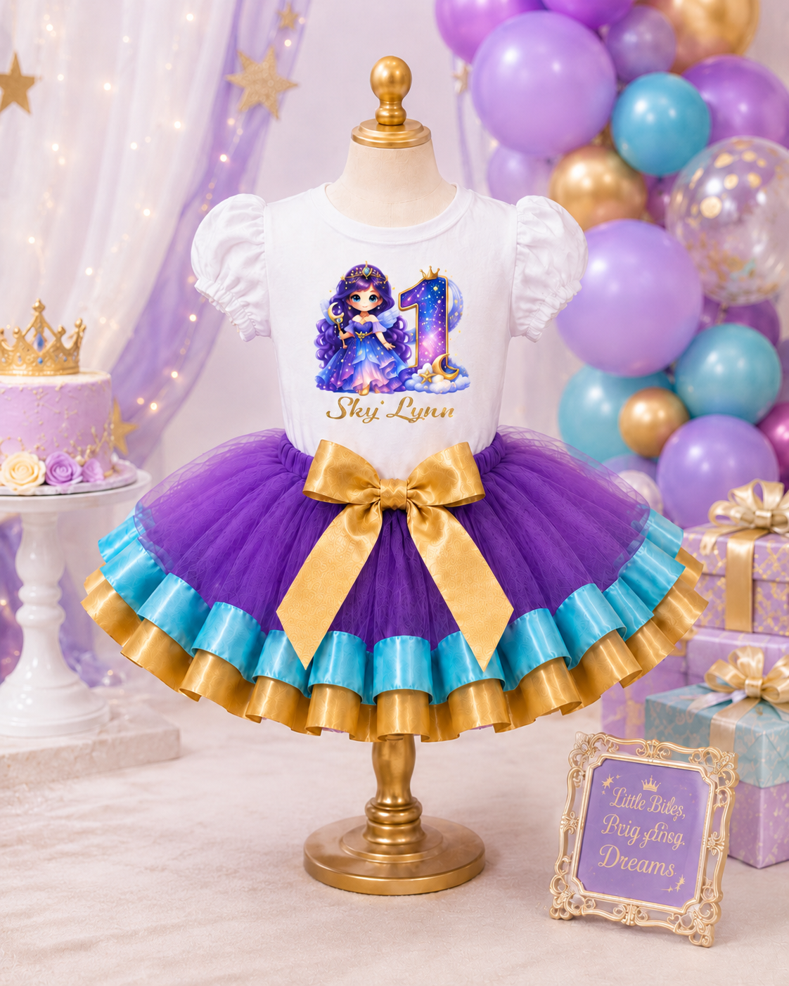 Personalized Celestial Princess 1st Birthday Tutu Outfit – Purple, Turquoise & Gold Birthday Girl Set