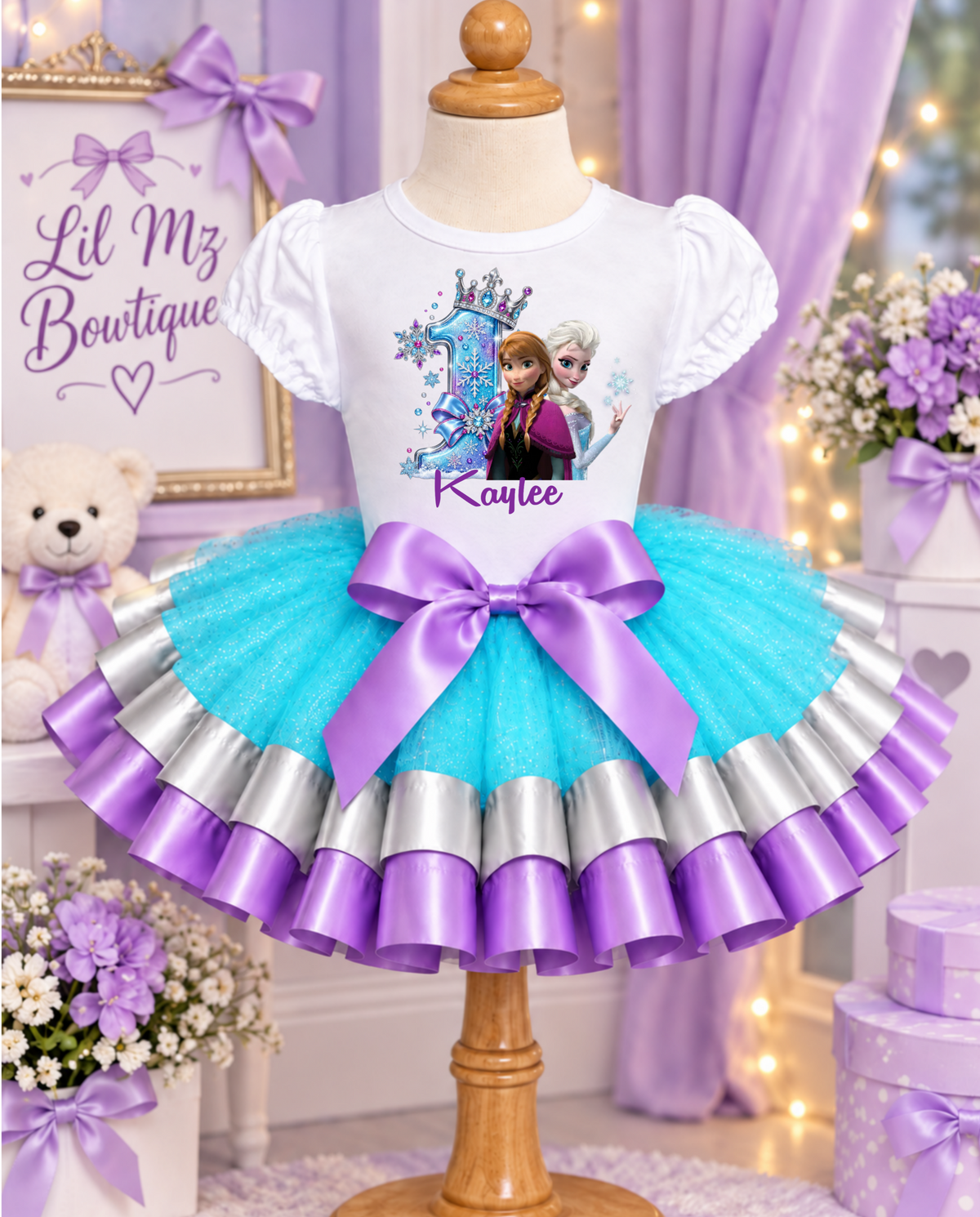 Personalized Winter Princess Birthday Tutu Outfit for Girls – Turquoise Purple Snowflake Tutu Set