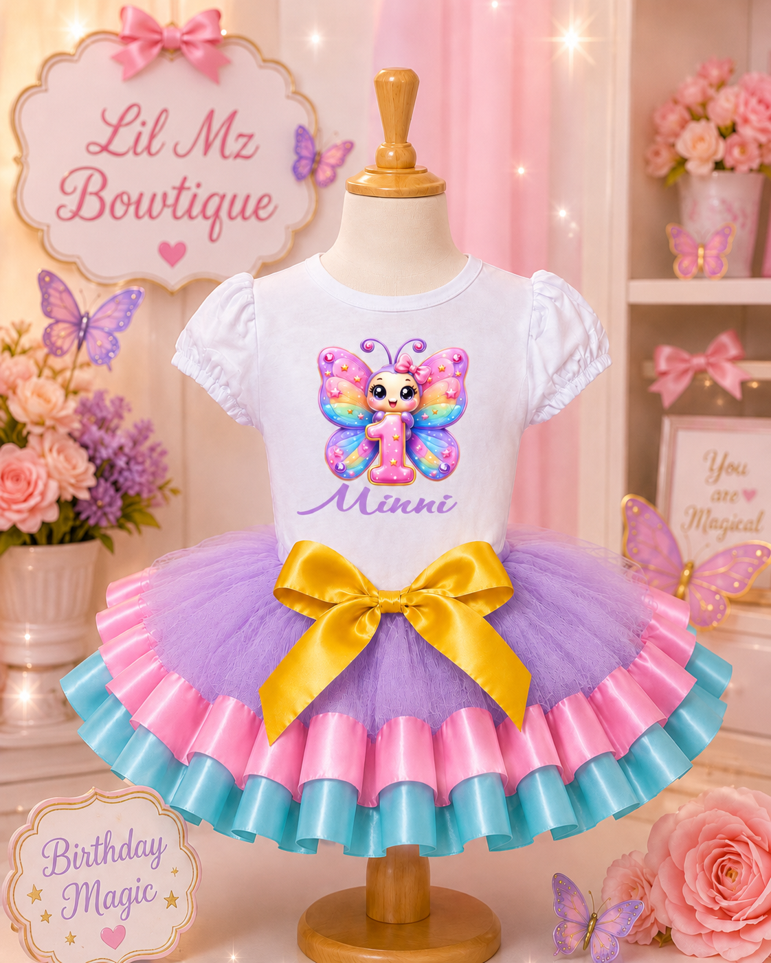 Butterfly 1st Birthday Tutu Outfit for Girls – Personalized Pastel Butterfly Birthday Shirt & Tutu Set