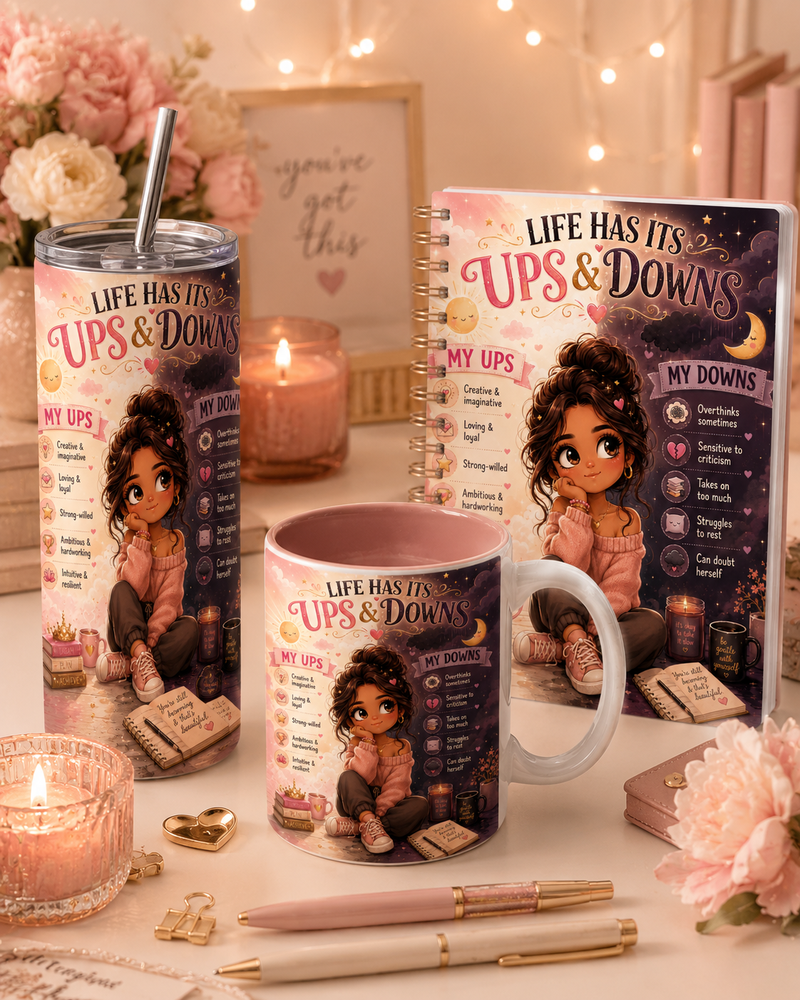 Life Has Its Ups & Downs Chibi Girl Motivational PNG Design (2 images only)  Instant Digital Download