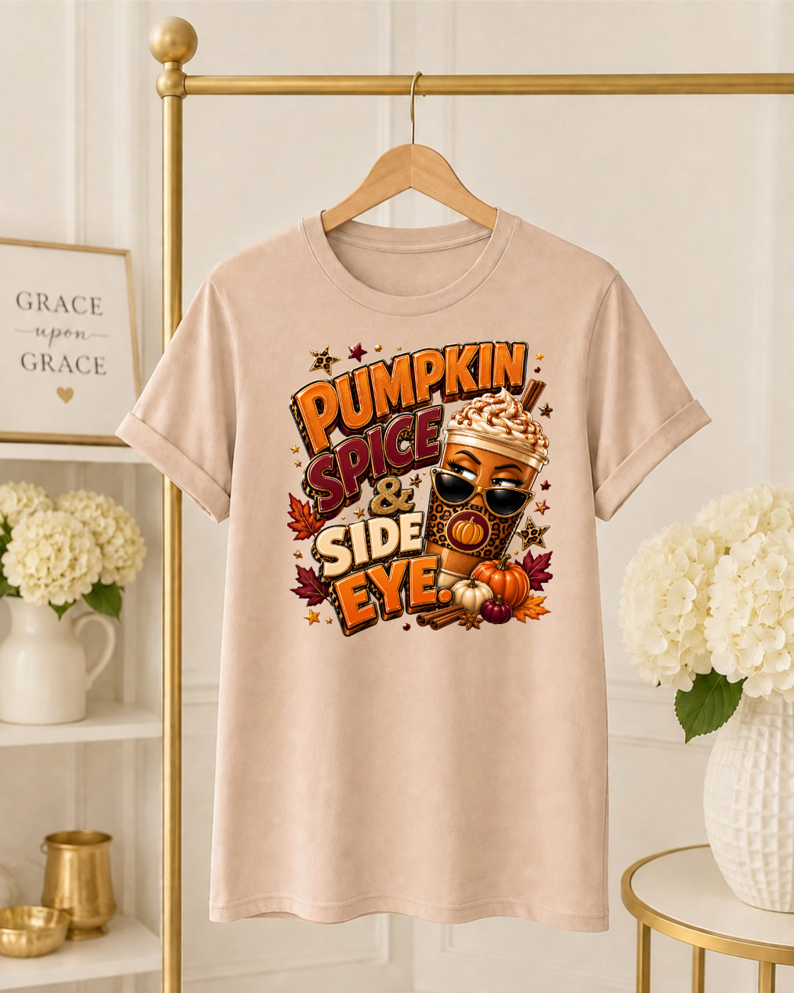 Pumpkin Spice & Side Eye Fall T-Shirt – Funny Pumpkin Spice Coffee Shirt for Women