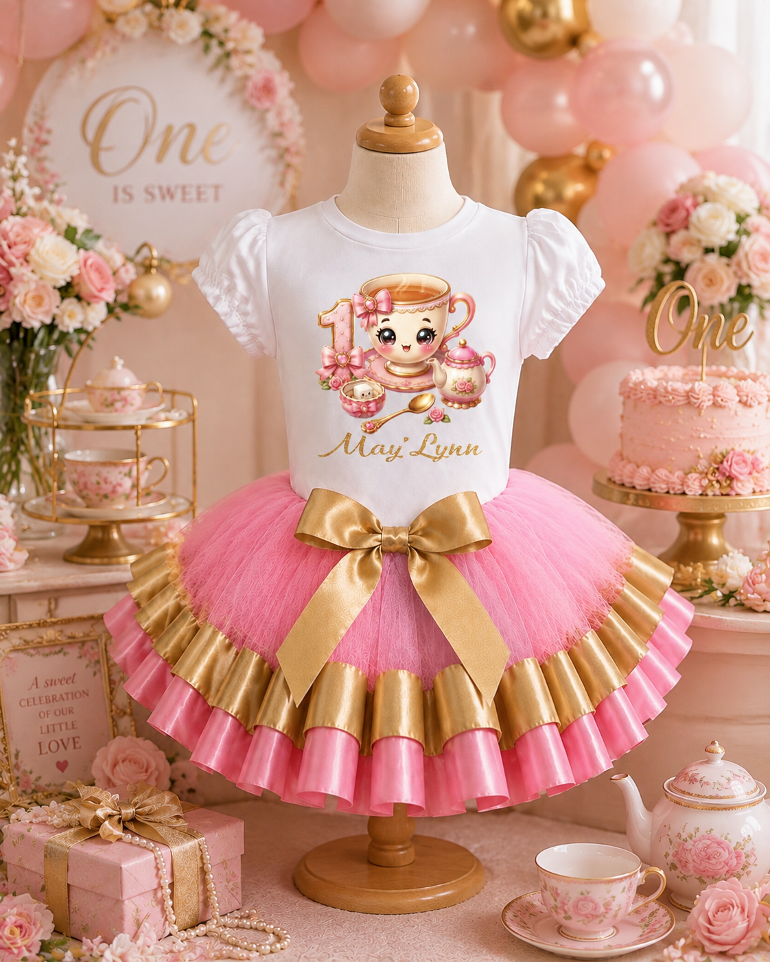 Personalized Tea Party 1st Birthday Tutu Outfit for Girls – Pink & Gold