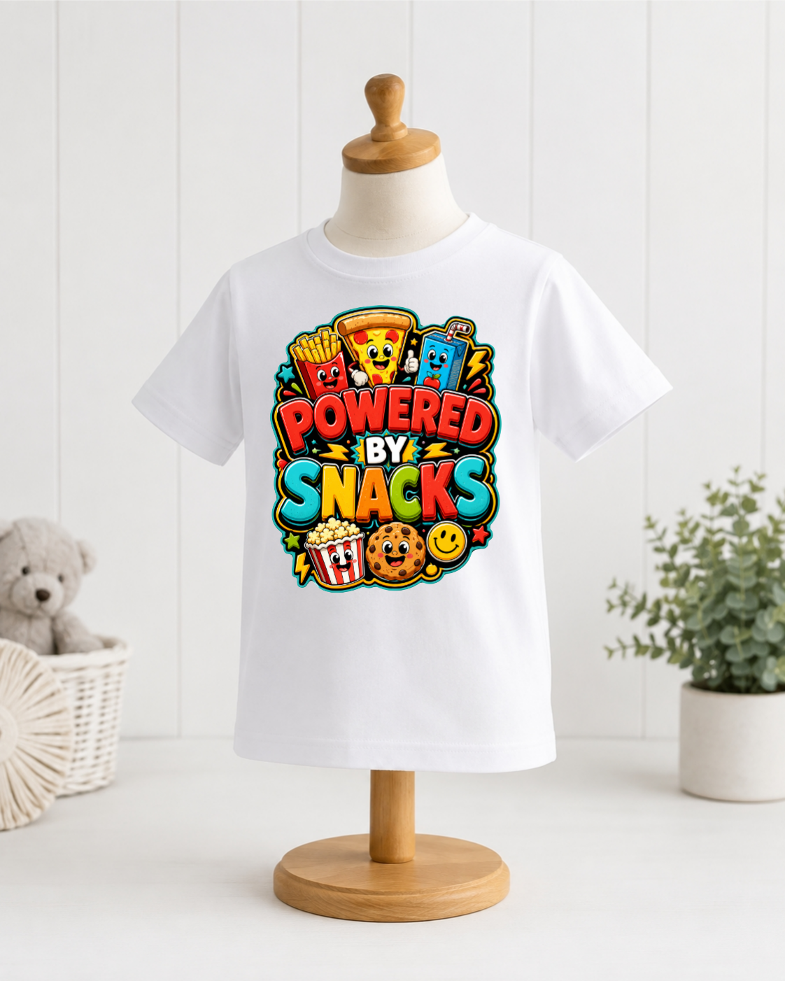 Powered by Snacks Kids Shirt – Funny Food Graphic T-Shirt for Boys & Girls