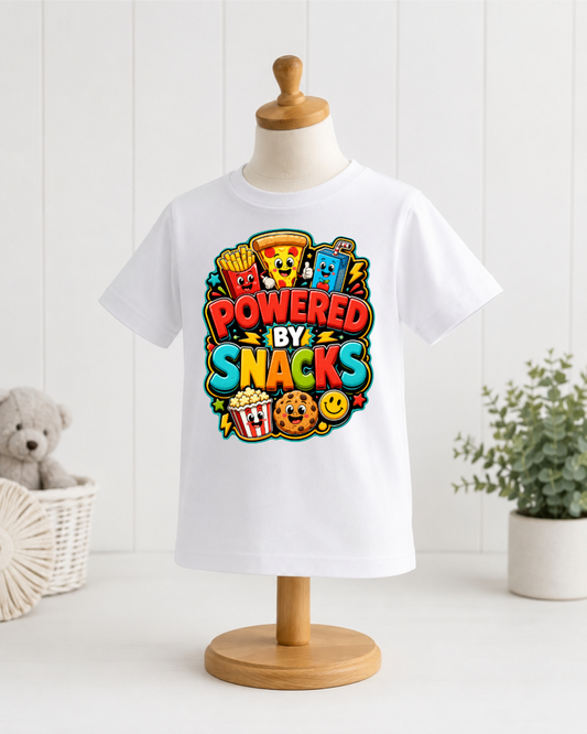 Powered by Snacks Kids Shirt – Funny Food Graphic T-Shirt for Boys & Girls